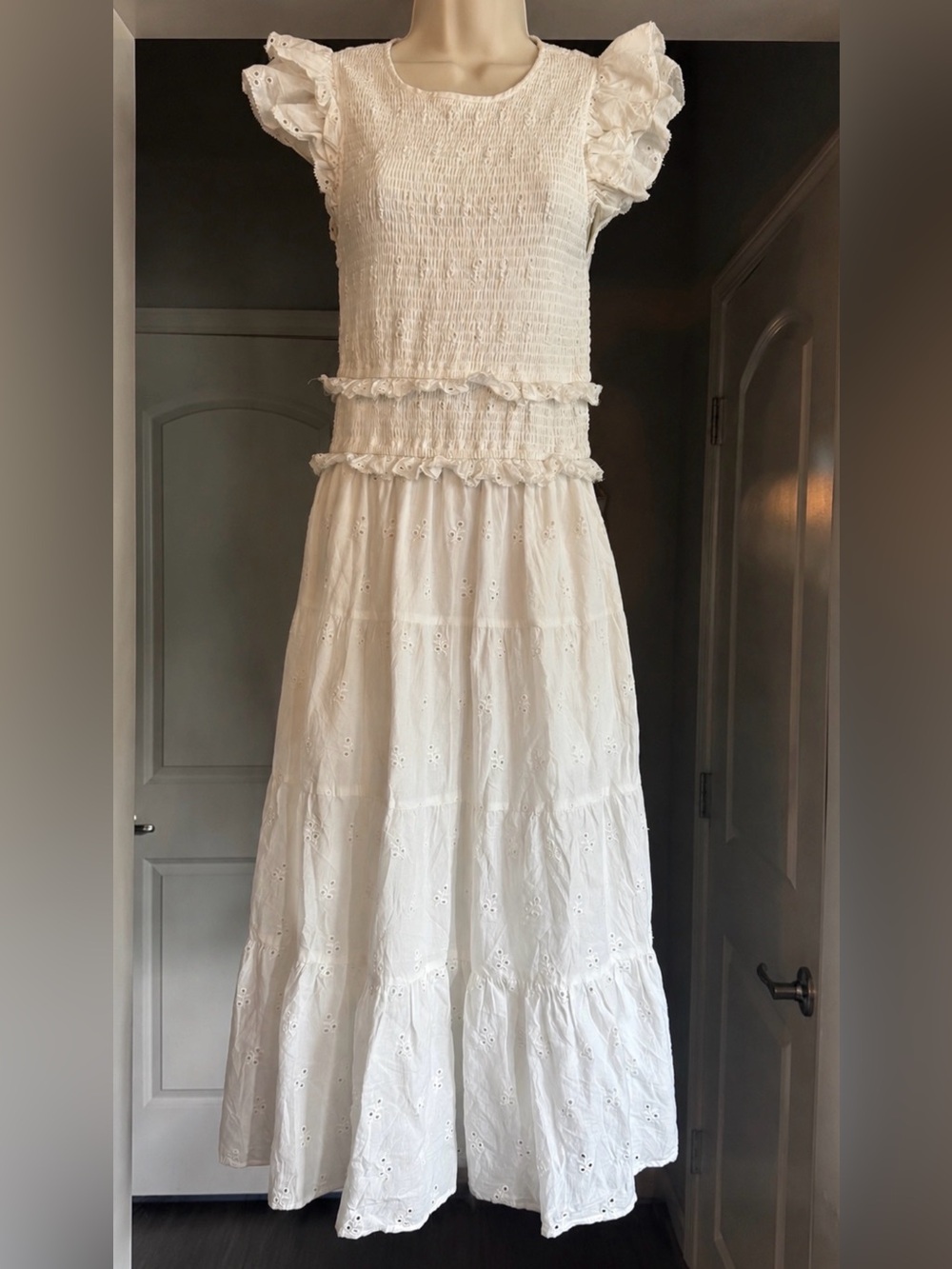 Cleobella Emmy White Medium Eyelet Embroidered Ruffle Smocked Cotton Midi Dress